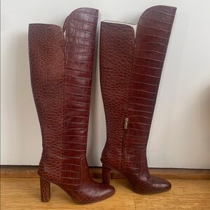 Brown Crocodile Pattern Knee-High Boots